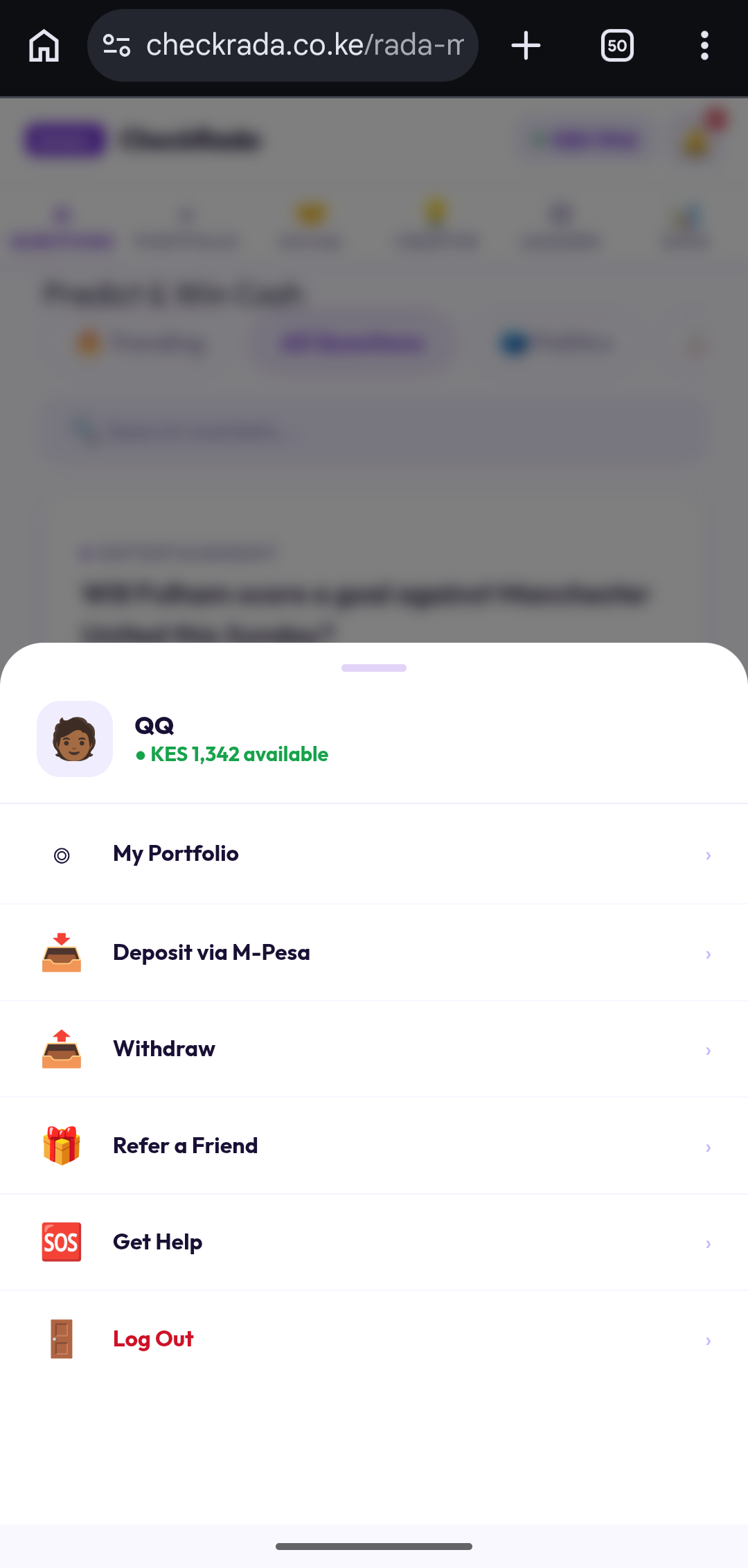 CheckRada account menu showing Deposit via M-Pesa, Withdraw, and Refer a Friend options