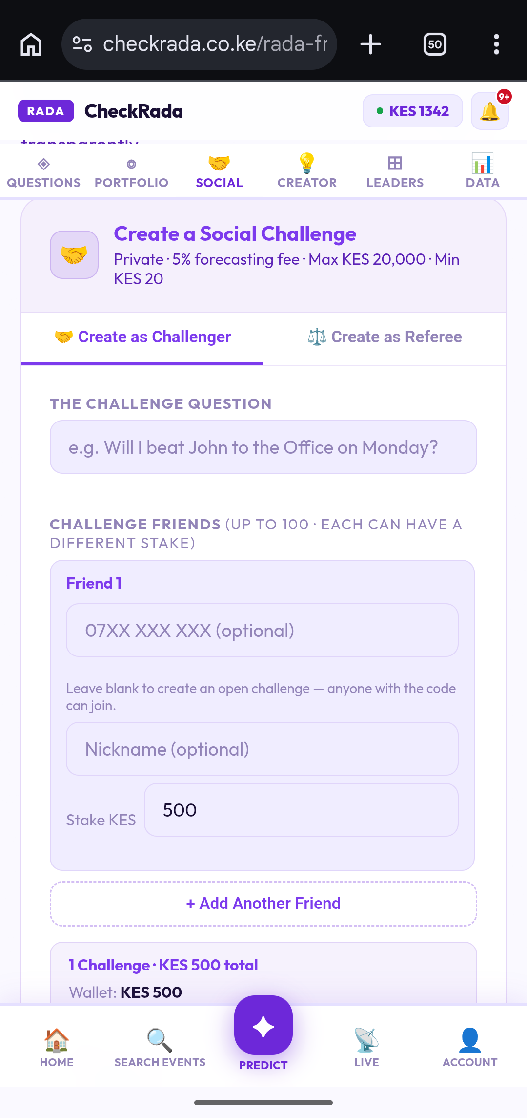 Create a Social Challenge screen in Challenger mode, showing the question field and friend stake entry