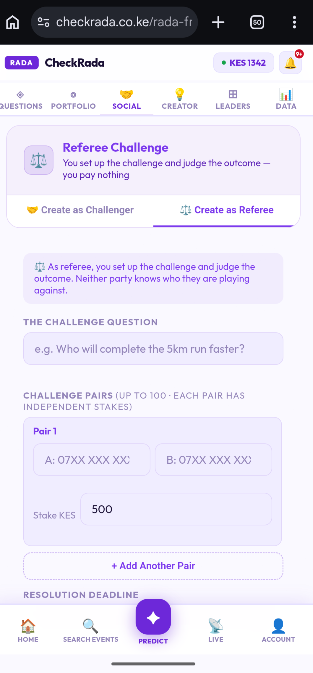 Create a Social Challenge screen in Referee mode, showing challenge pairs and a resolution deadline