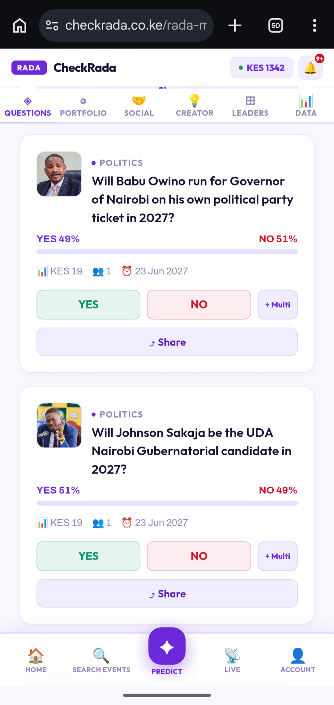 A CheckRada question card showing YES, NO, and plus Multi buttons