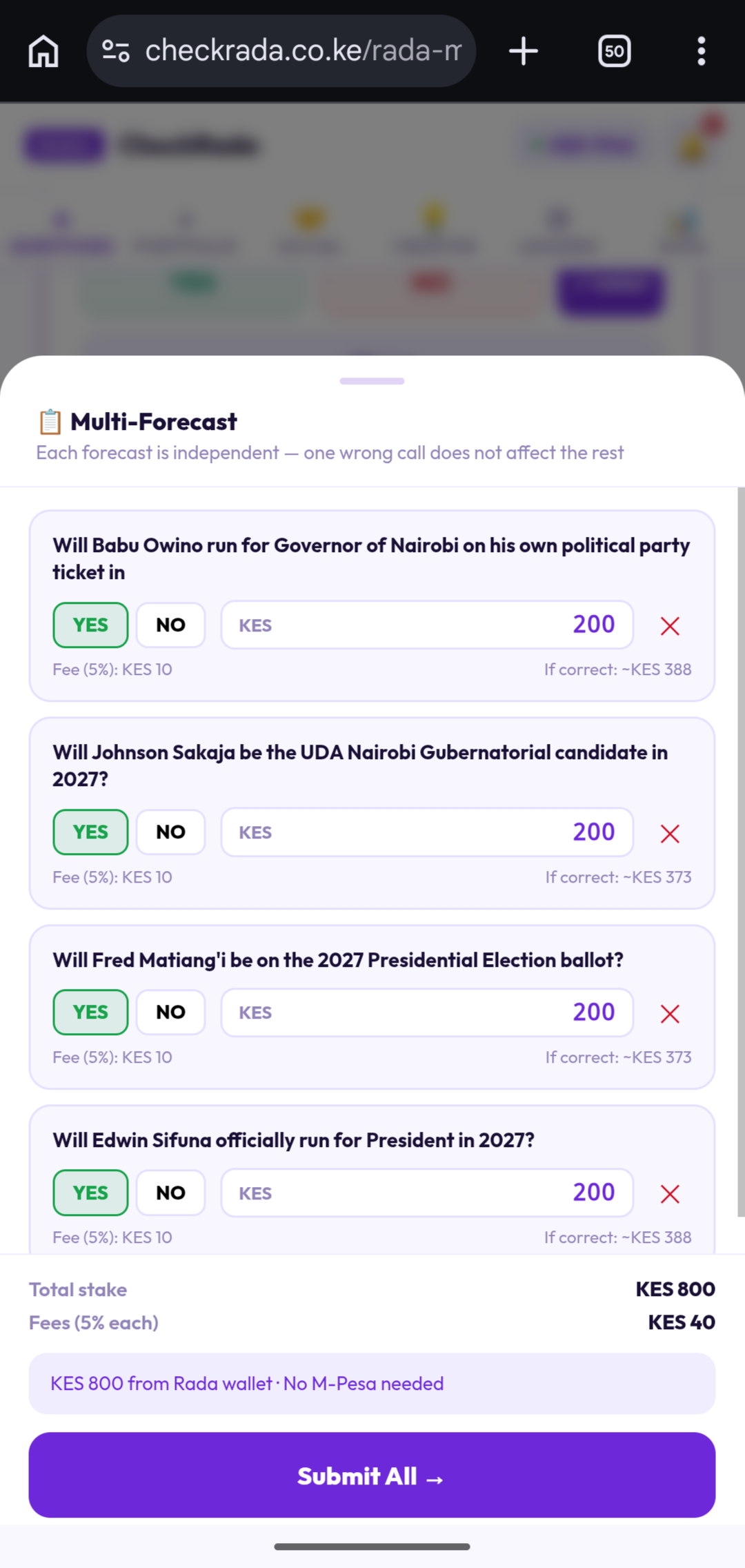 CheckRada Multi-Forecast screen showing several queued questions with individual stakes and a combined total