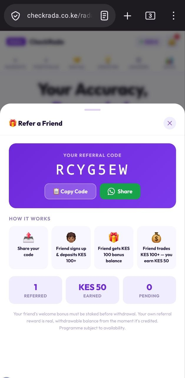 CheckRada Refer a Friend screen showing the referral code, a how it works breakdown, and earnings so far