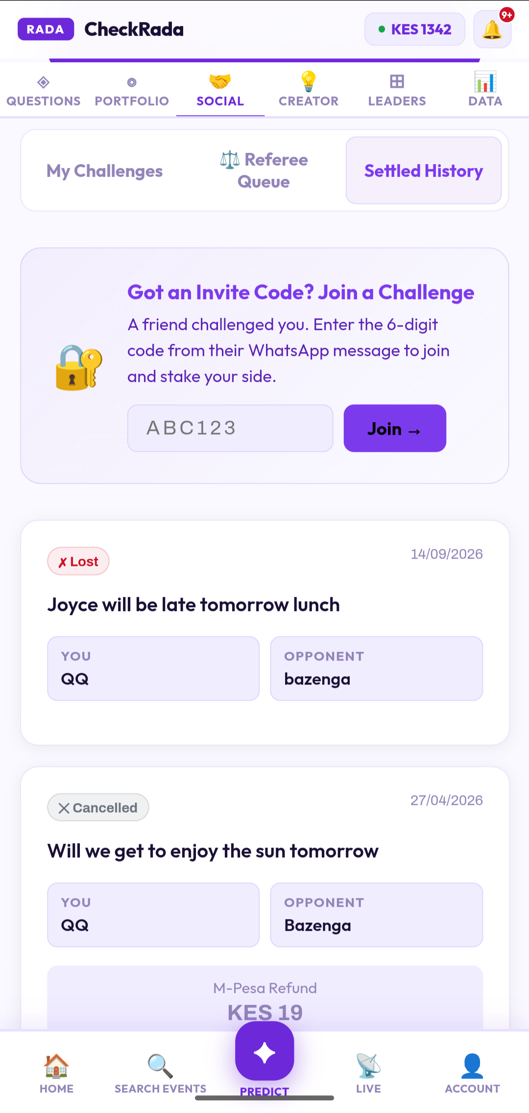 CheckRada Social tab showing My Challenges, Referee Queue, and Settled History tabs, with a field to enter an invite code