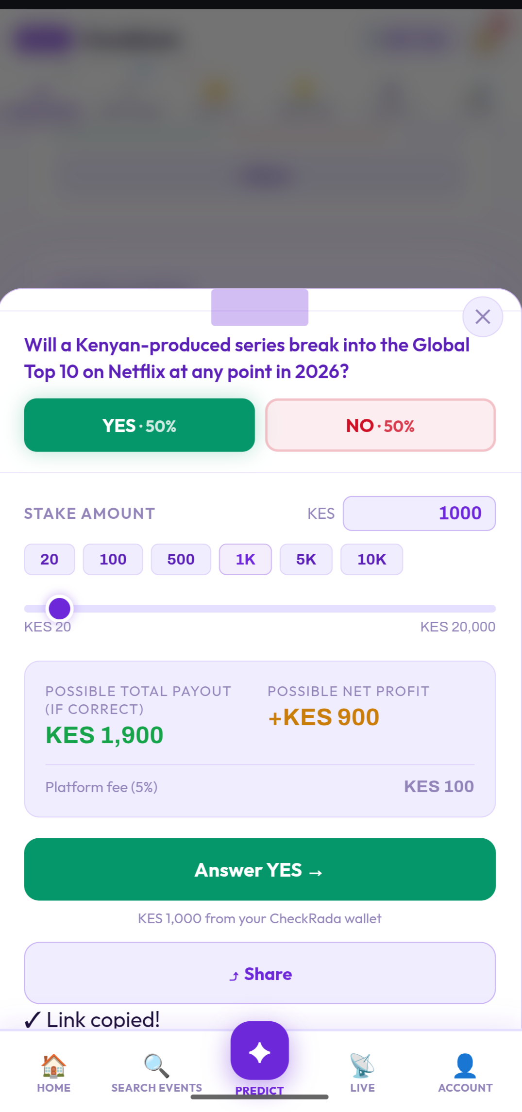 CheckRada stake amount panel showing the slider, quick amount buttons, possible payout breakdown, and Answer YES button